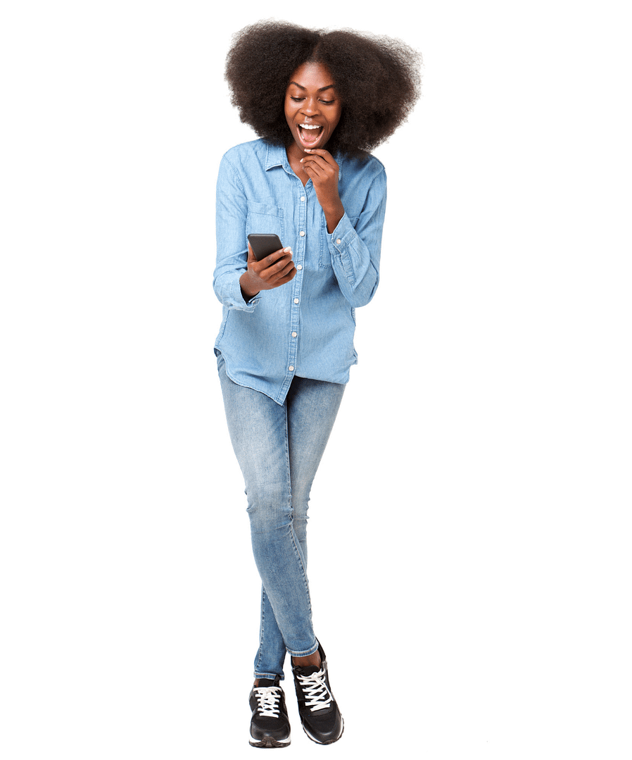 lady with afro looking at phone happily with big smile