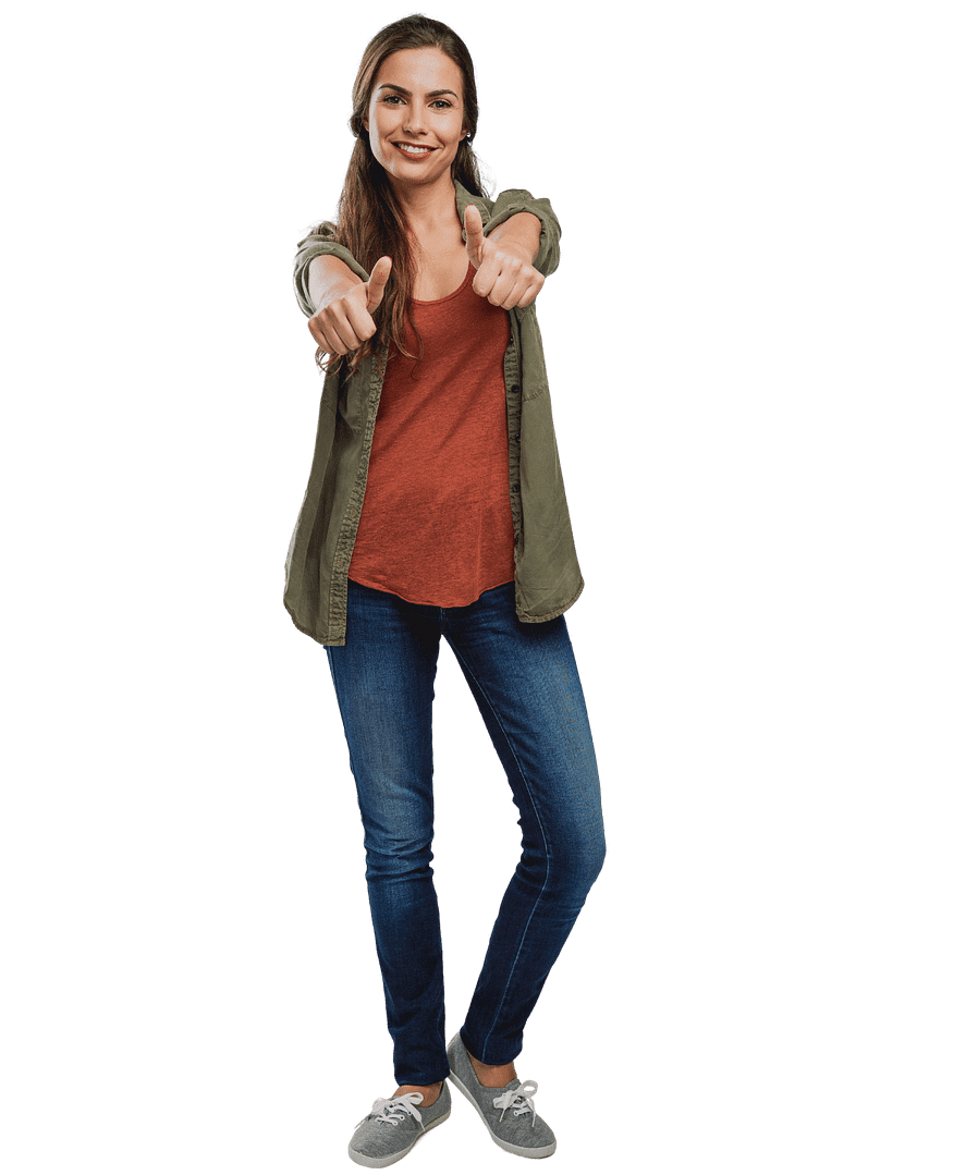 woman in green cardigan and orange shirt giving two thumbs up while smiling