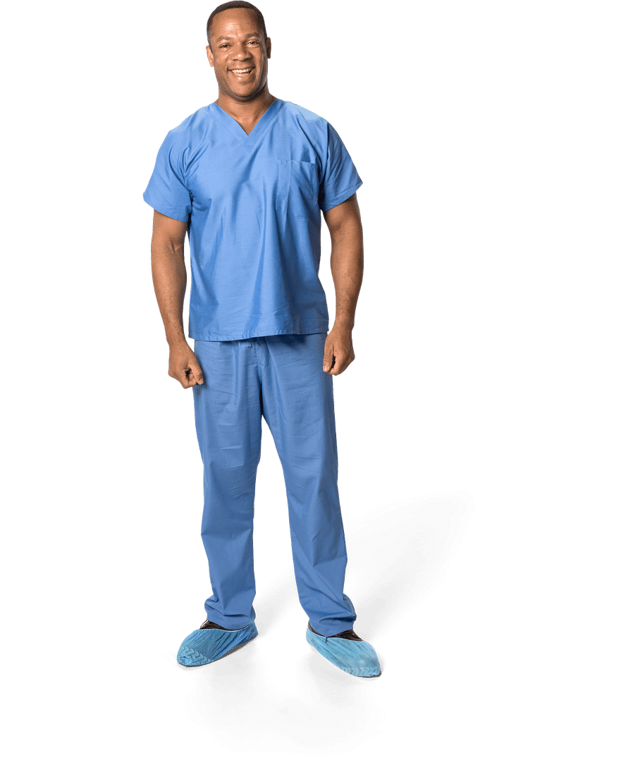 Happy dental hygienist in blue scrubs