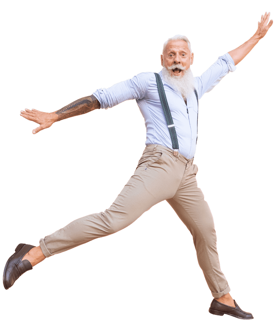 Happy man jumping in the air with suspenders and smile