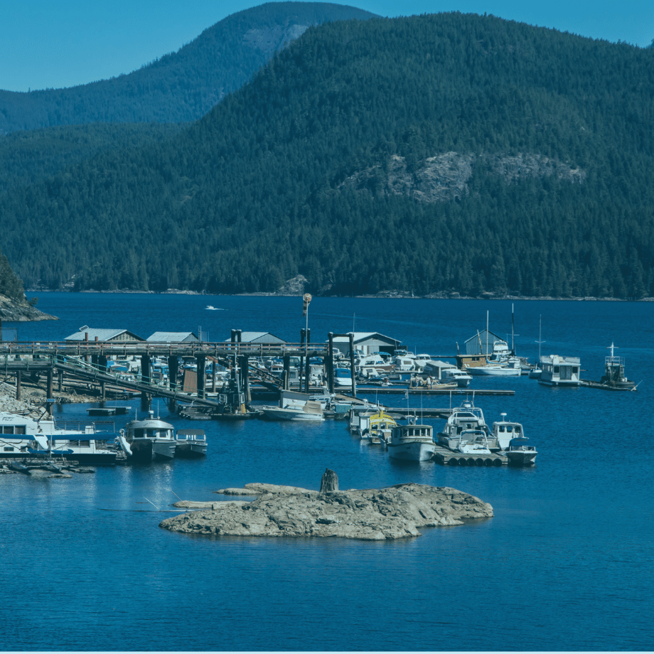 Boat view of docks in Powell River, Canada