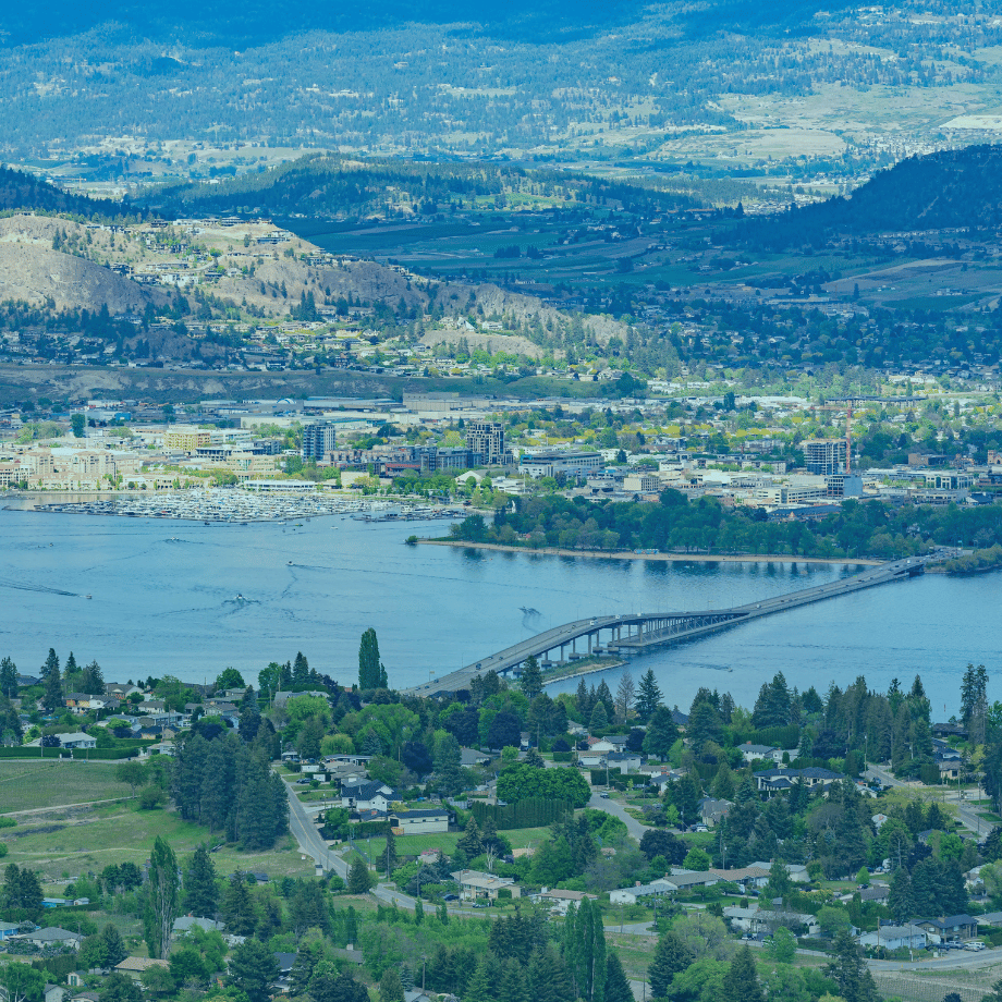 Aerial view of W.R. Bennett Bridge from Mount Boucherie in West Kelowna, B.C.